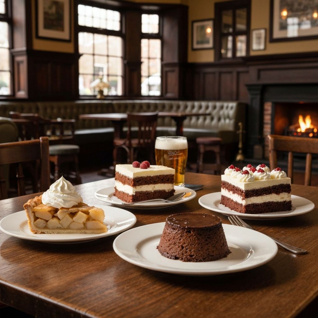 Traditional British pub desserts including pie and pudding